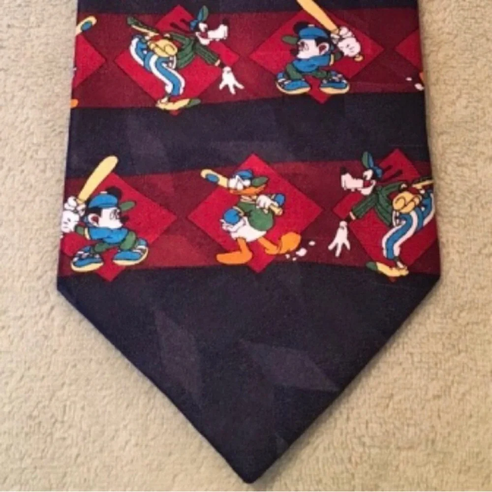 Disney necktie baseball sports silk Mickey Mouse Donald Duck Goofy navy blue